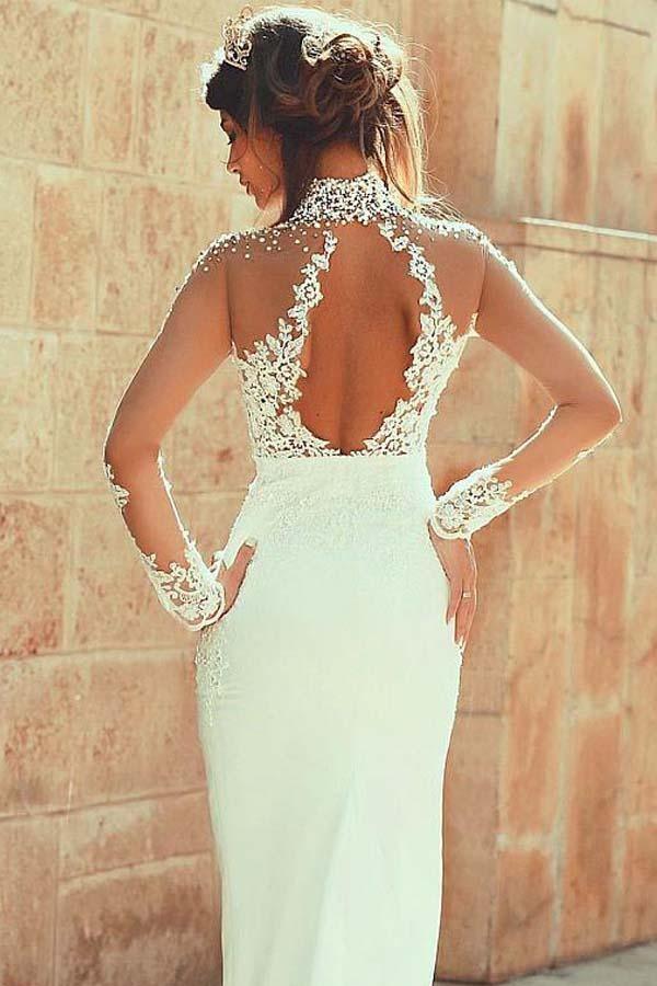 High Neckline Sheath Wedding Dresses With Beaded Lace Appliques WD191 - Image 3