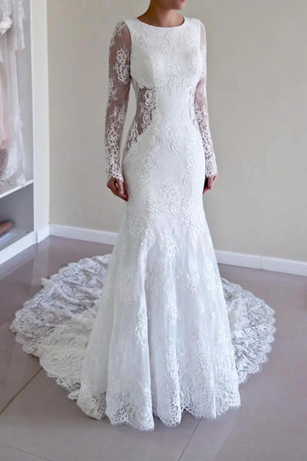 High Quality Scoop Open Back Mermaid Wedding Dress with Long Sleeves WD003 - Image 2