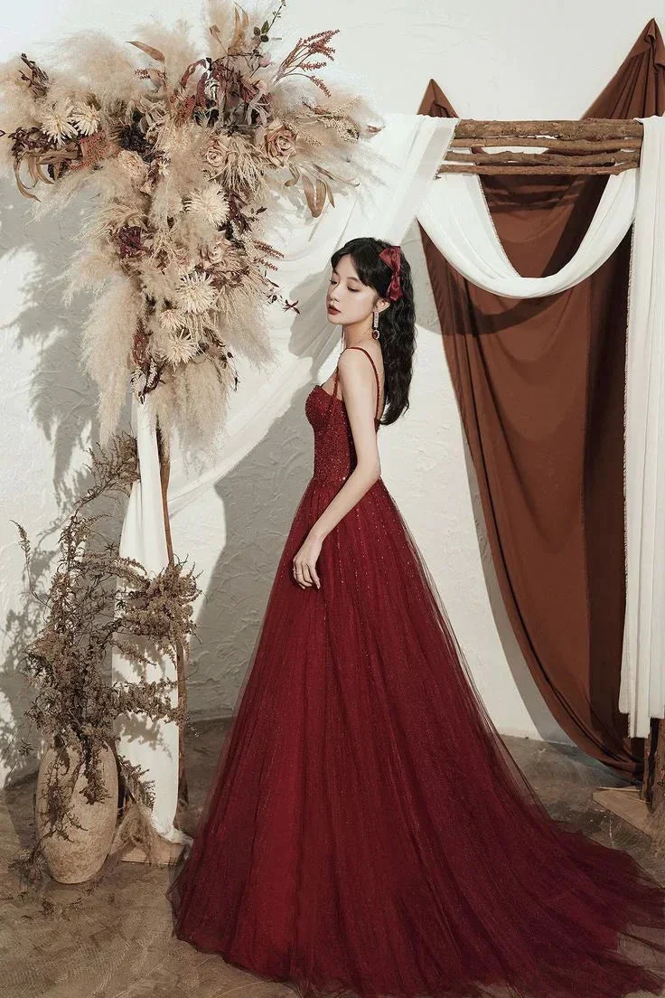 High quality sequin long prom dress burgundy evening dress Y4704 - Image 2