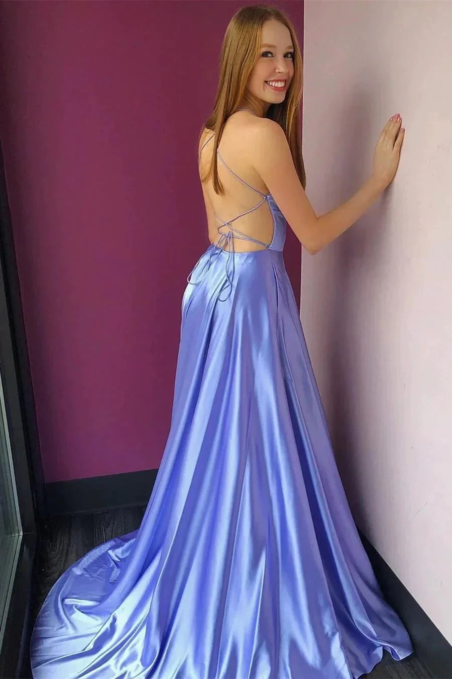 High Slit Lavender Prom Dress with Pockets SYP84 - Image 3