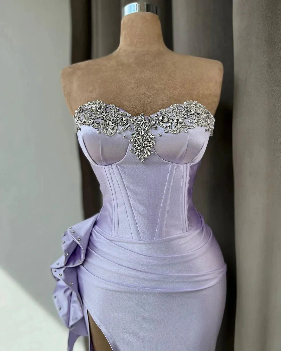 High Split Strapless Light Purple Mermaid Prom Dress With Rhinestone - Image 2