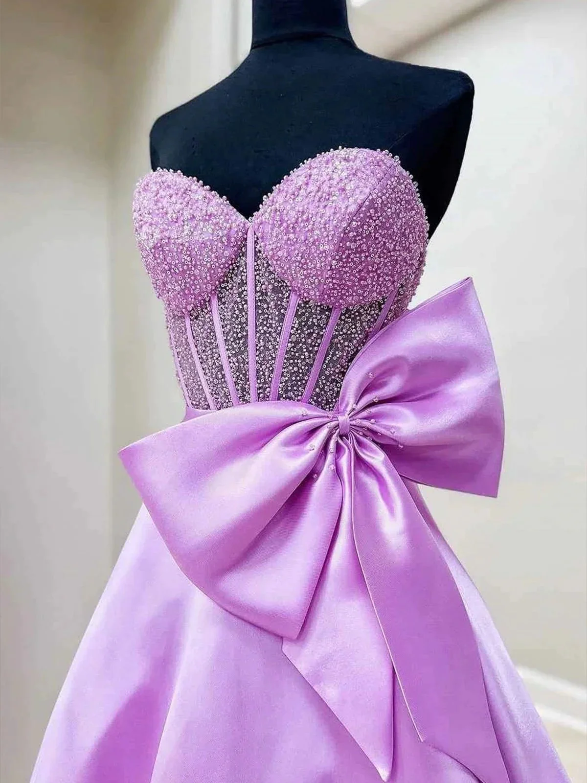 Hindreen | A-Line Sweetheart Lilac Beaded  Long Prom Dresses With Bow - Image 2