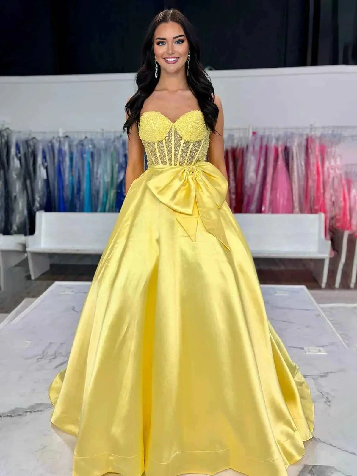 Hindreen | A-Line Sweetheart Lilac Beaded  Long Prom Dresses With Bow - Image 5