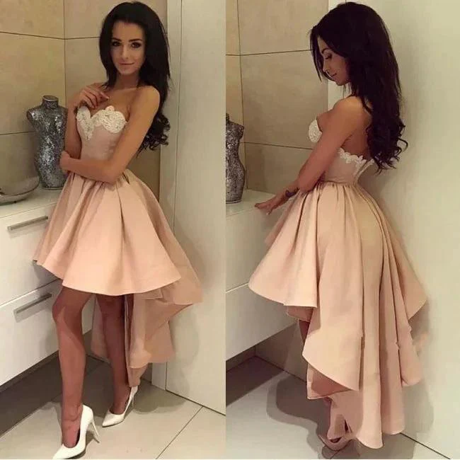 Charming Sweetheart Lace Hi-Lo Homecoming Dress Gold Sleveless Short Party Dress with Appliques - Image 3