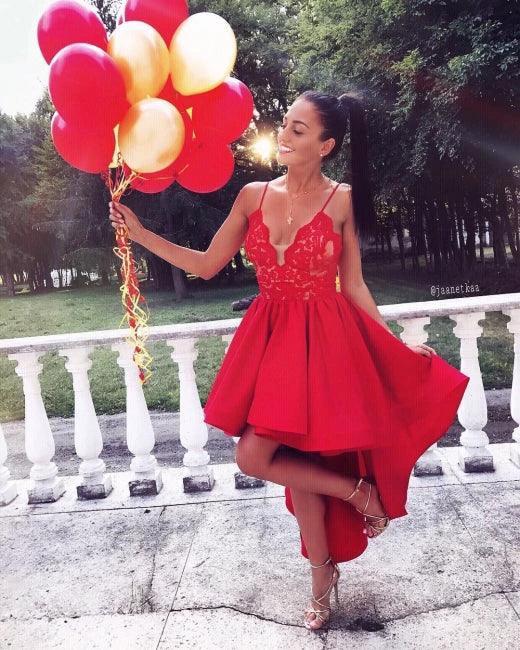 Spaghetti Straps Red High-low A-line Lace V-neck Homecoming Dress - Image 2