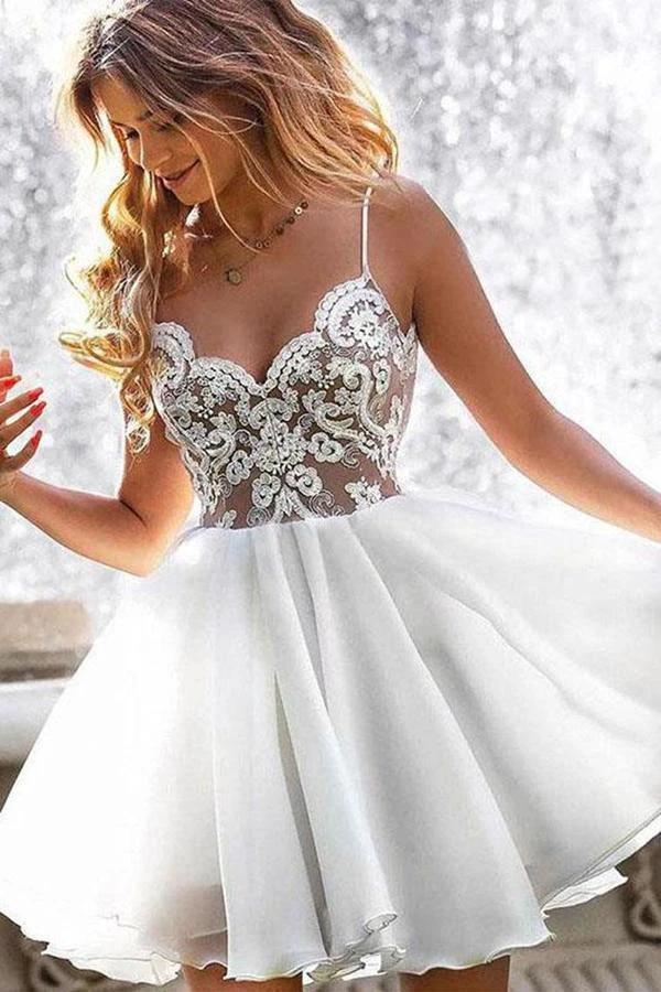 Homecoming Dress Lace Bodice Spaghetti Straps V Neck Mini Party Dresses PD420 - Image 2