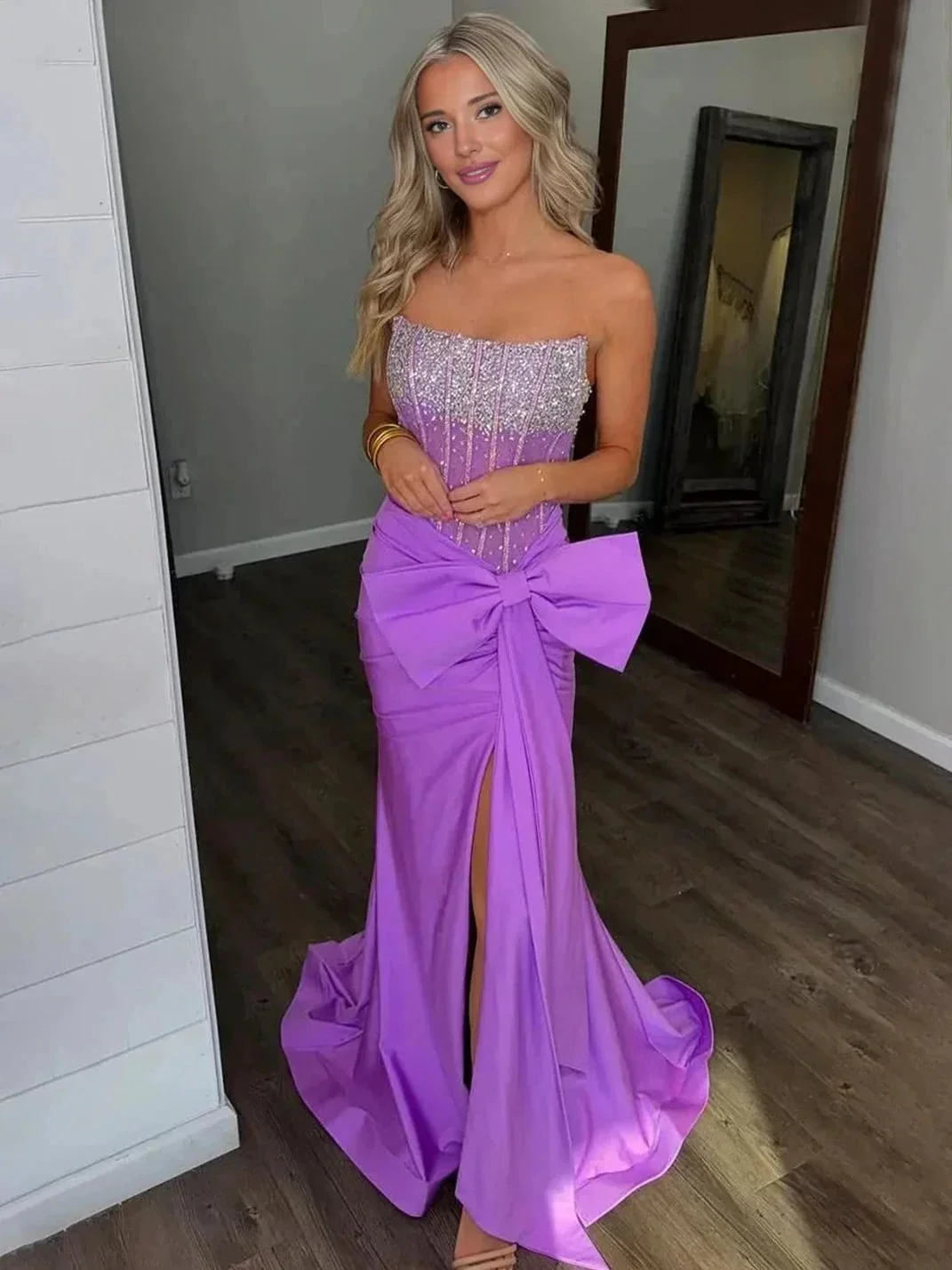 Homer | Split Strapless Mermaid Corset Prom Dresses with Side Bowknot - Image 3
