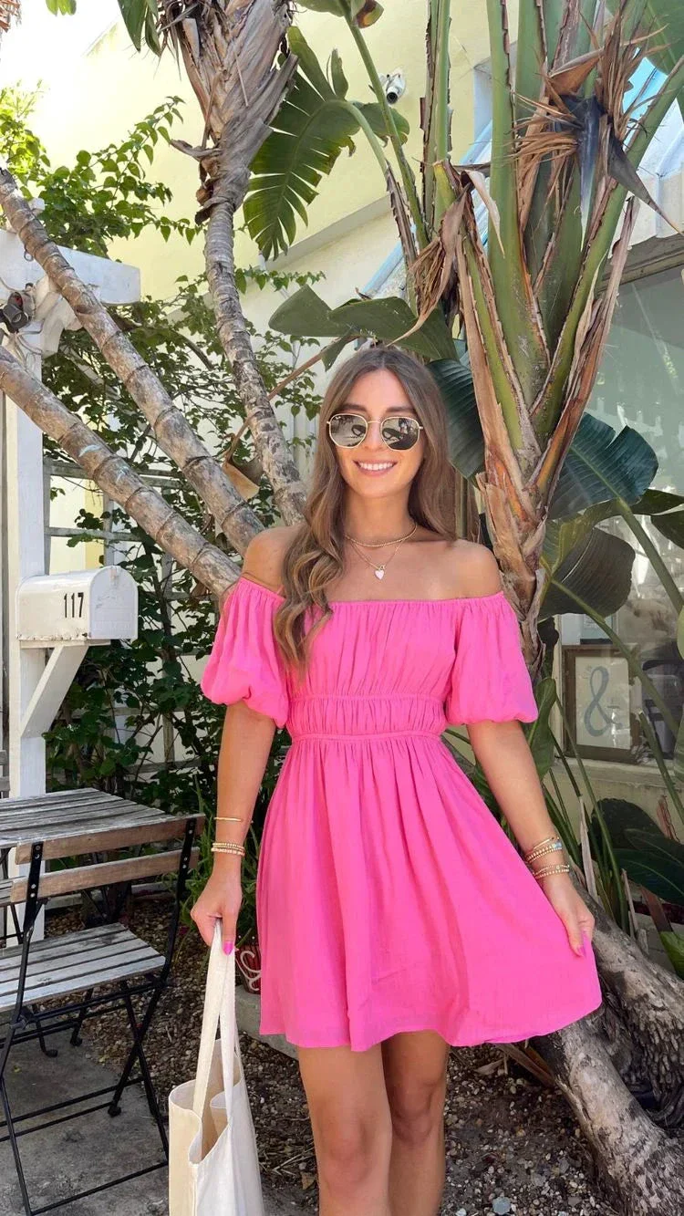 Hot Pink A-line Homecoming Dress with Puff Sleeves Summer Dress Y2758 - Image 2
