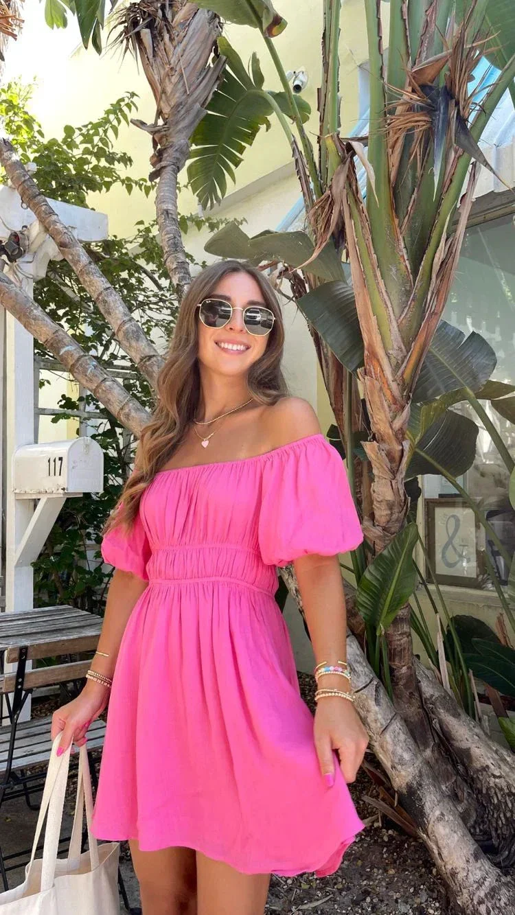 Hot Pink A-line Homecoming Dress with Puff Sleeves Summer Dress Y2758 - Image 3