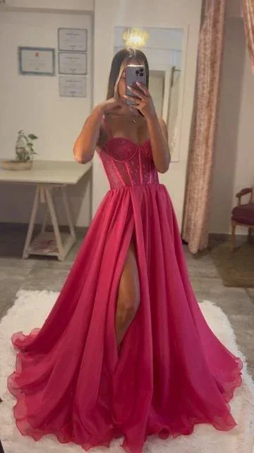 Hot Pink A Line Lace Bodice Side Slit Prom Dress Evening Gowns Y6808 - Image 2