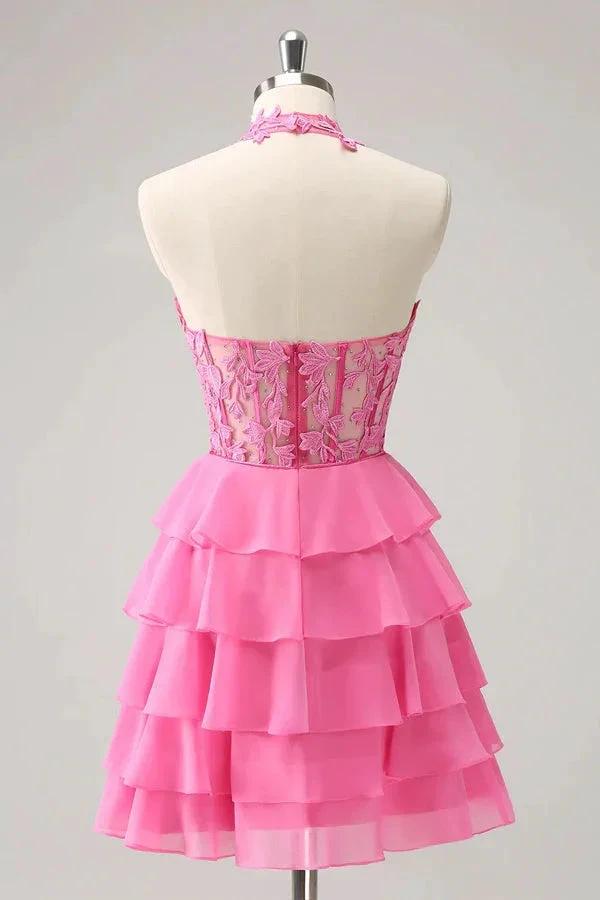 Hot Pink A Line Strapless Tiered Corset Cute Homecoming Dress PD551 - Image 3
