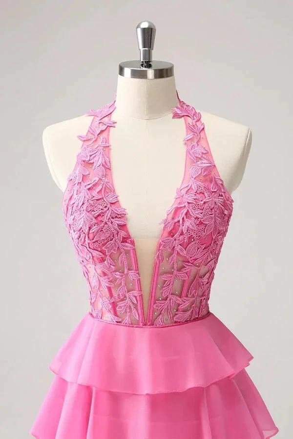 Hot Pink A Line Strapless Tiered Corset Cute Homecoming Dress PD551 - Image 4