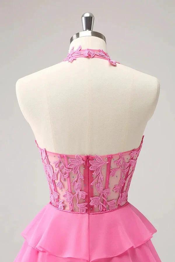 Hot Pink A Line Strapless Tiered Corset Cute Homecoming Dress PD551 - Image 5