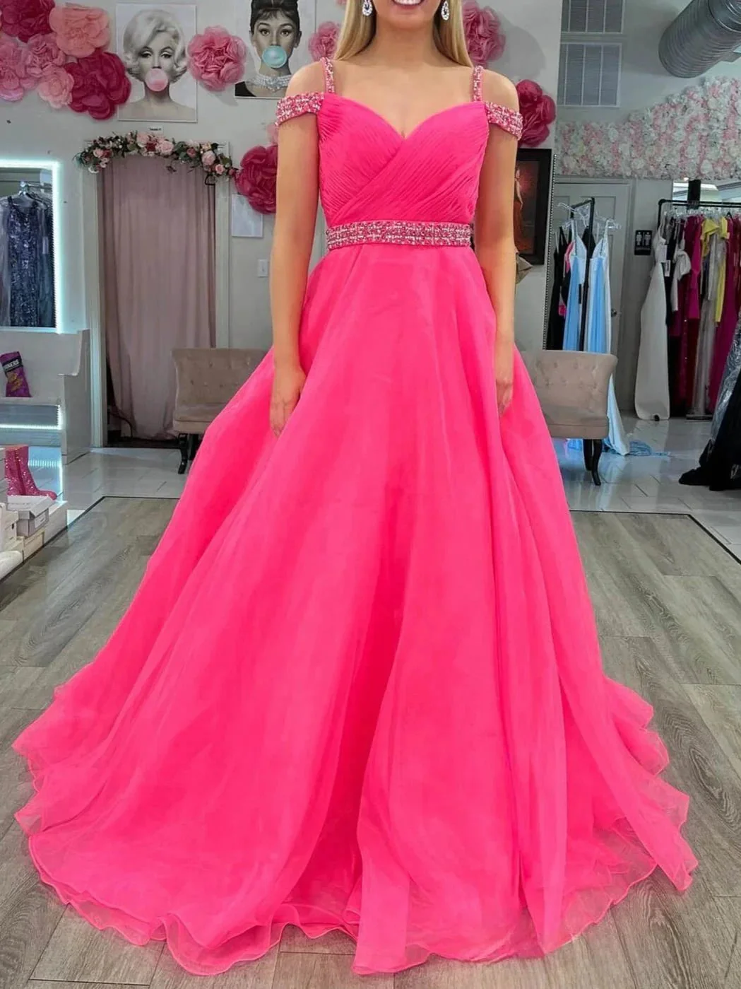 Hot Pink Beaded Cold-Shoulder A-Line Prom Dress - Image 2