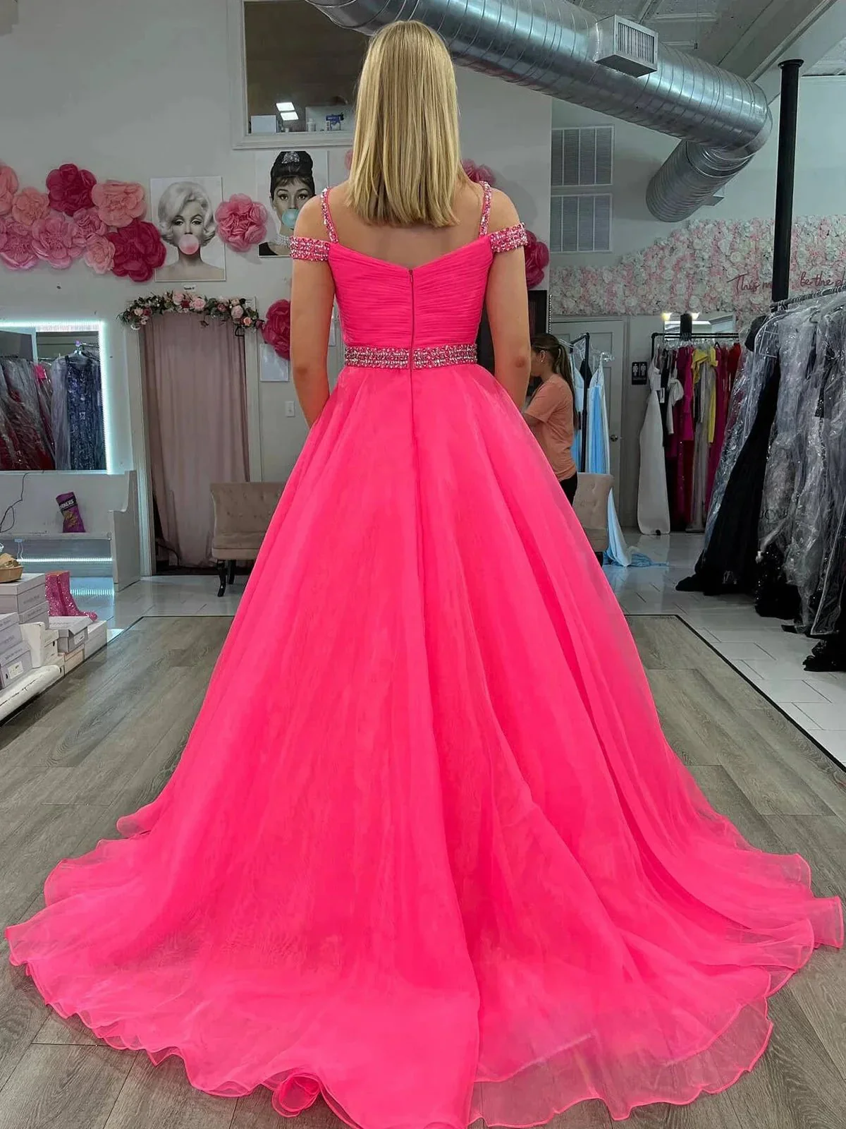 Hot Pink Beaded Cold-Shoulder A-Line Prom Dress - Image 3