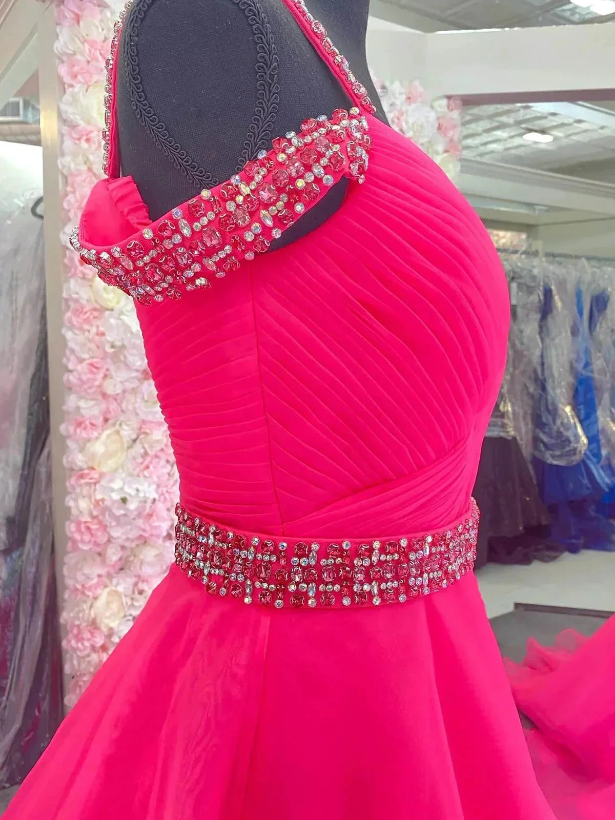 Hot Pink Beaded Cold-Shoulder A-Line Prom Dress - Image 4