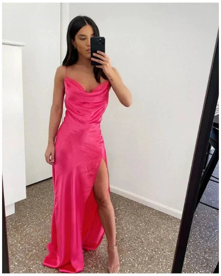 hot pink cowl neck formal dress,long evening dress Y3013 - Image 2