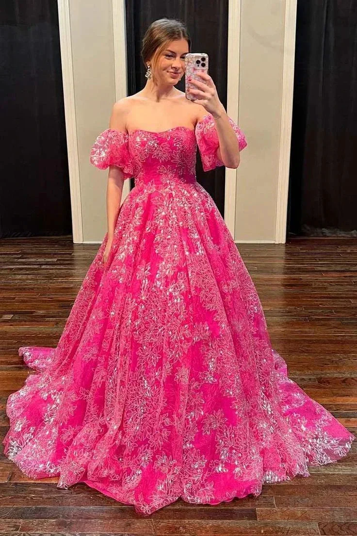 Hot Pink Floral Lace Strapless Ball Gown with Puff Sleeves Y5981 - Image 2