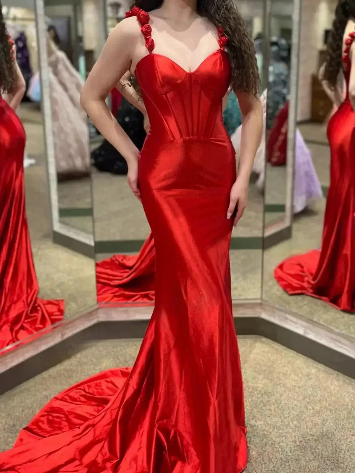 Persephone | Hot Pink Floral Straps Mermaid Satin Long Prom Dress - Image 7