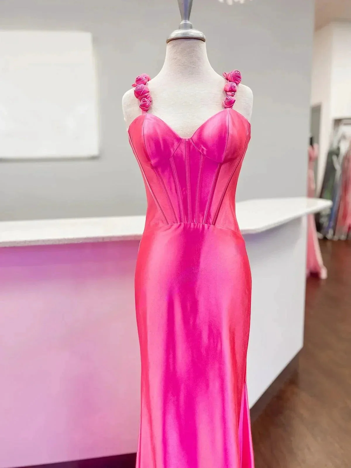 Persephone | Hot Pink Floral Straps Mermaid Satin Long Prom Dress - Image 8