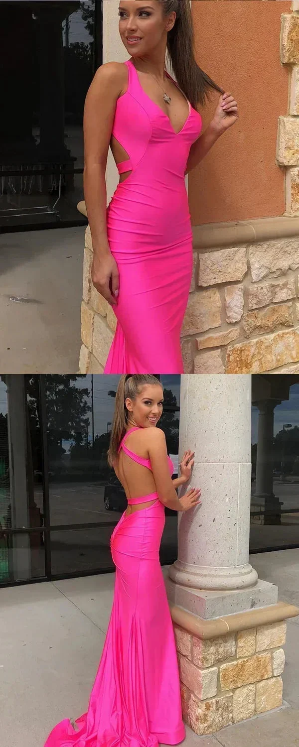 Hot Pink Halter Satin Mermaid Evening Dress, Simple Long Prom Dress Y1646 - Image 2