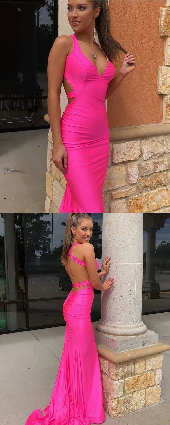 Hot Pink Halter Satin Mermaid Evening Dress Simple Long Prom Dress Y942 - Image 2