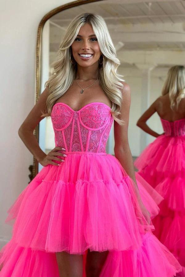 Hot Pink High Low Sweetheart Tiered Prom Dress Evening Dress PSK398 - Image 3