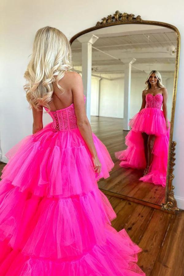 Hot Pink High Low Sweetheart Tiered Prom Dress Evening Dress PSK398 - Image 4