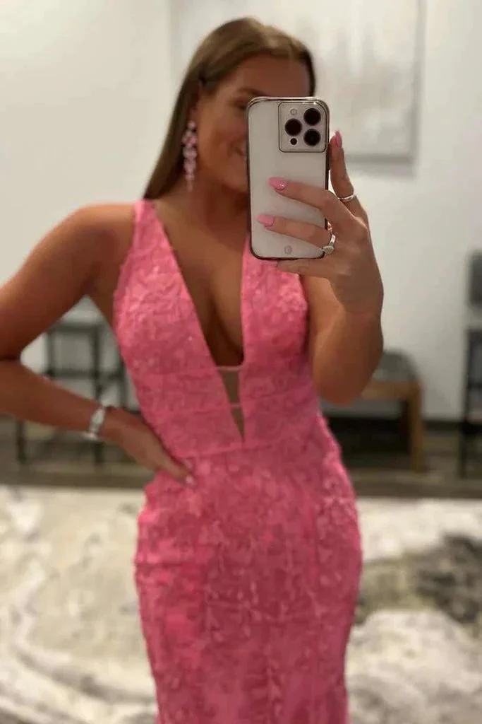 Kallie |Hot Pink Mermaid Plunge V Neck Lace Prom Dress - Image 3