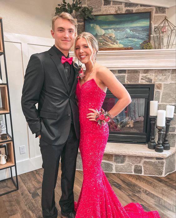 Hot Pink Mermaid Sequins Prom Dresses V-Neck Trumpet Long Prom Evening Dress Customized Size Y1284 - Image 2