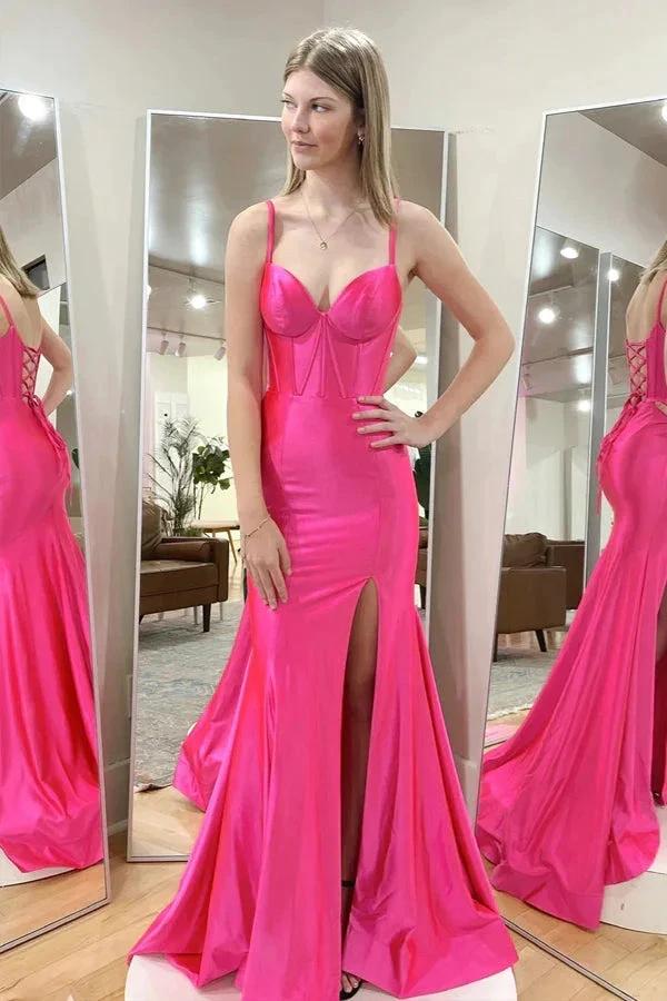 Hot Pink Mermaid Straps Satin Long Prom Dress with Slit  PSK514 - Image 2