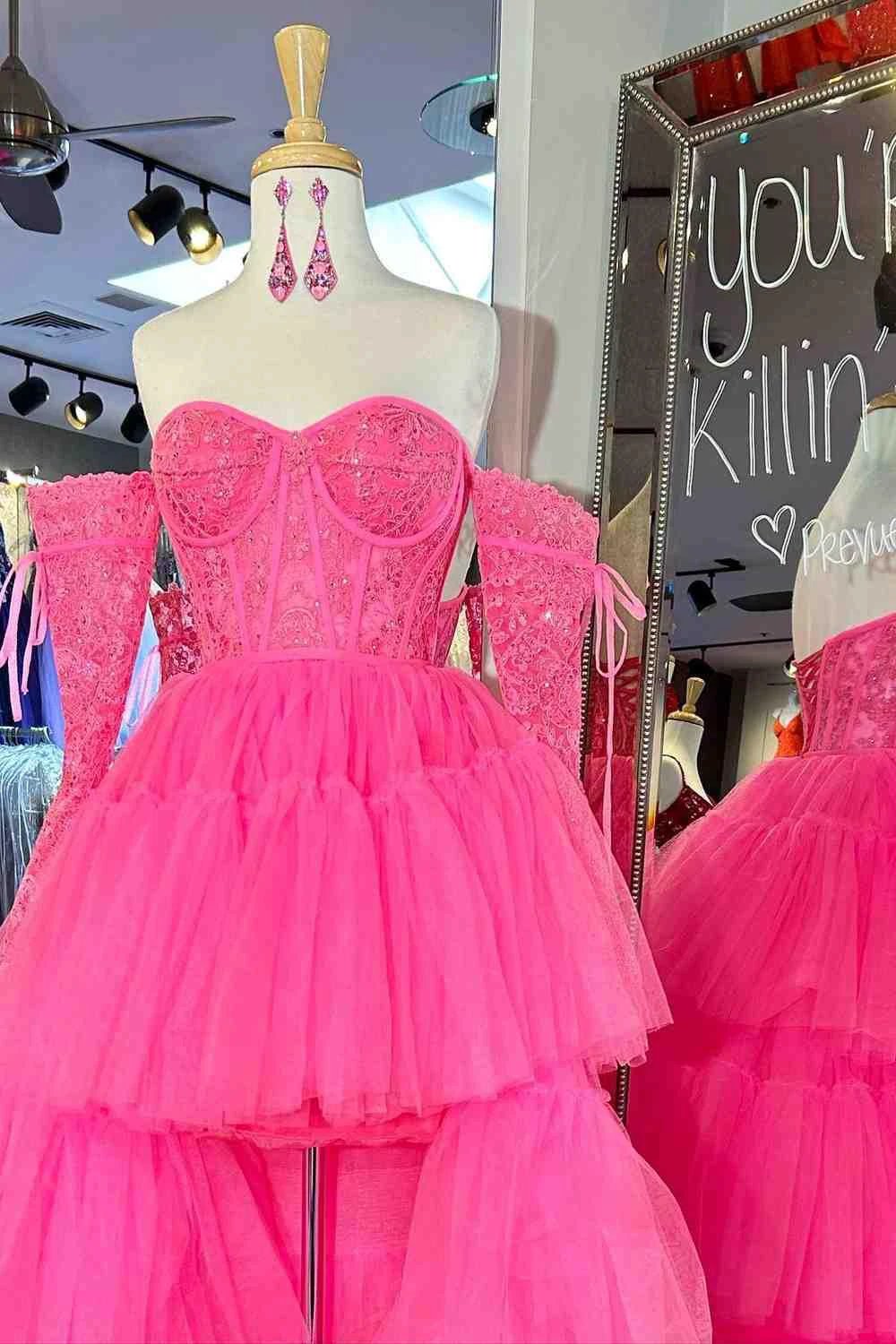 Sue | Hot Pink Off-Shoulder A-line Tulle Layers Applique Hi-Low Prom Dress - Image 2