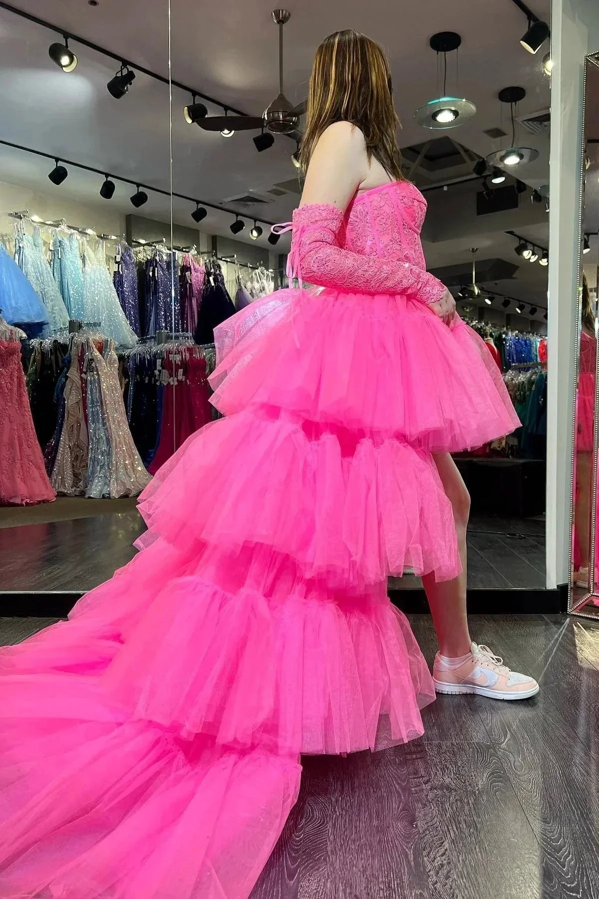 Sue | Hot Pink Off-Shoulder A-line Tulle Layers Applique Hi-Low Prom Dress - Image 3