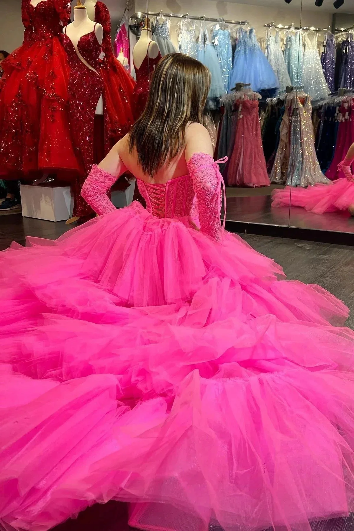 Sue | Hot Pink Off-Shoulder A-line Tulle Layers Applique Hi-Low Prom Dress - Image 4