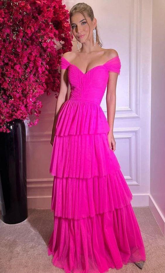 Hot Pink Off The Shoulder Prom Dresses Long Evening Gowns Y1617 - Image 2