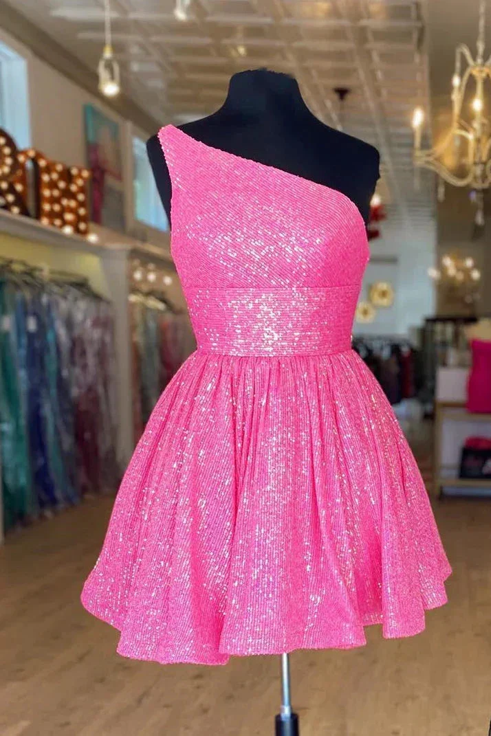 Hot Pink One Shoulder A Line Short Homecoming Dress Sequins Y1487 - Image 2