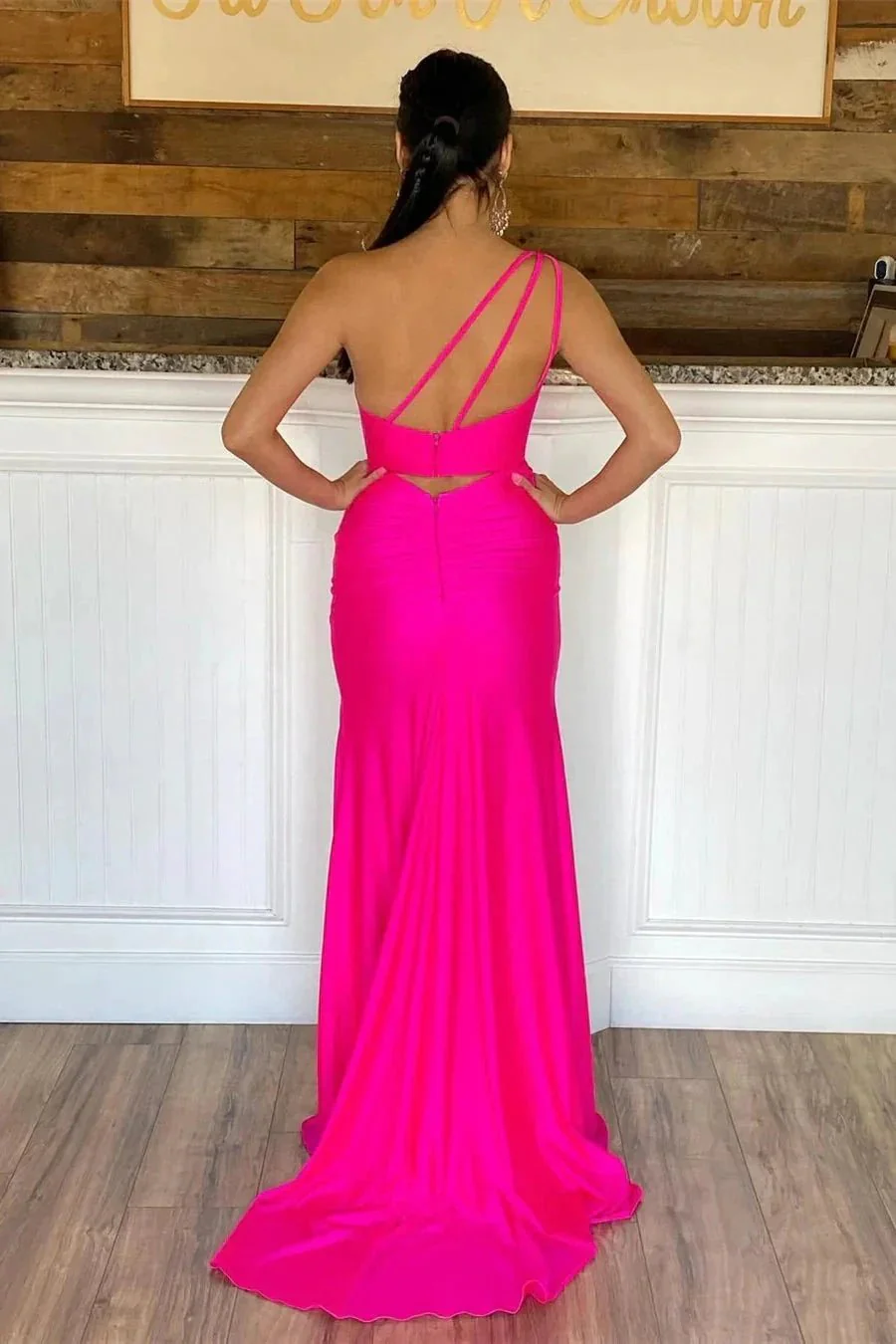 Hot Pink One Shoulder Prom Dress With Slit SYP105 - Image 2