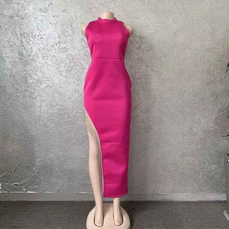 Women's Sexy Shiny Slit Fringe Bandage Dress Elegant Long Evening Dress Y407 - Image 2