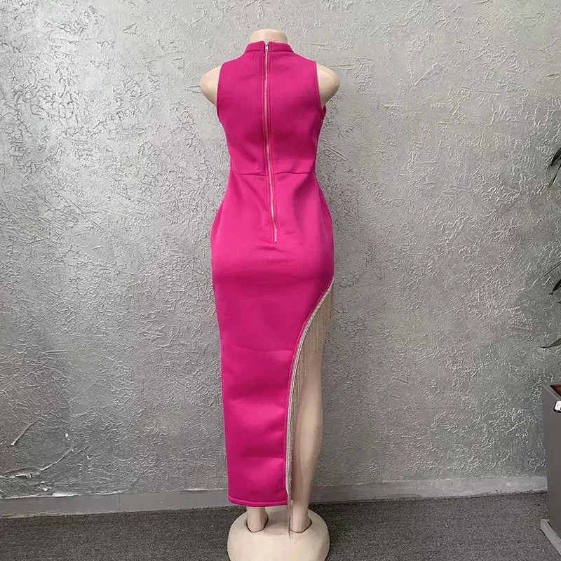 Women's Sexy Shiny Slit Fringe Bandage Dress Elegant Long Evening Dress Y407 - Image 3
