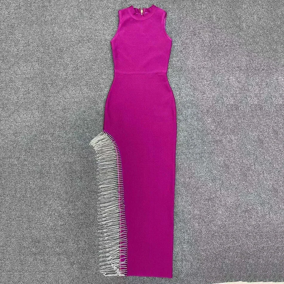 Women's Sexy Shiny Slit Fringe Bandage Dress Elegant Long Evening Dress Y407 - Image 5