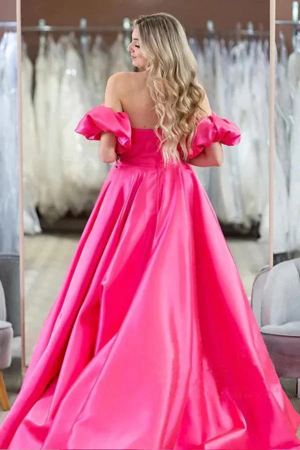 Hot Pink Puff Sleeves Off The Shoulder Simple Prom Evening Dresses  PSK407 - Image 2