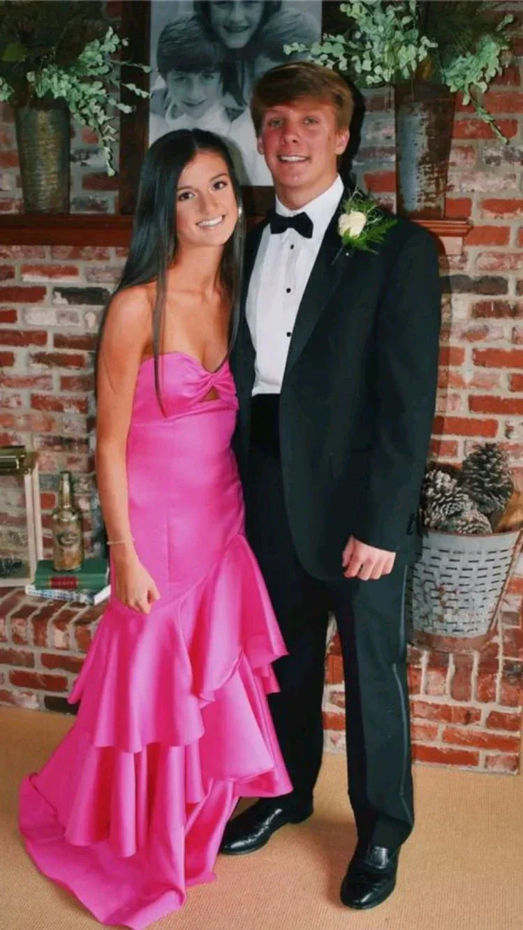 Hot Pink Satin Mermaid Prom Dresses Long Evening Gowns With Tiered Y1577 - Image 2
