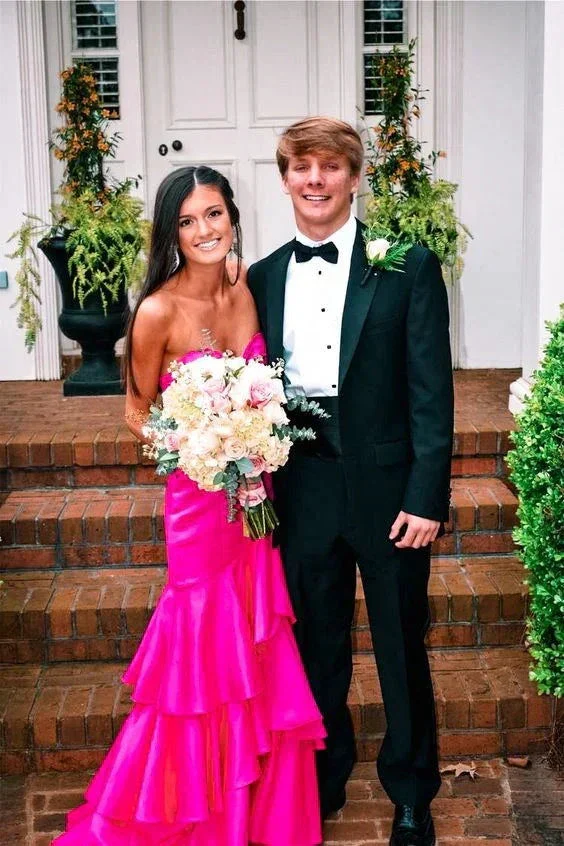 Hot Pink Satin Mermaid Prom Dresses Long Evening Gowns With Tiered Y1577 - Image 3