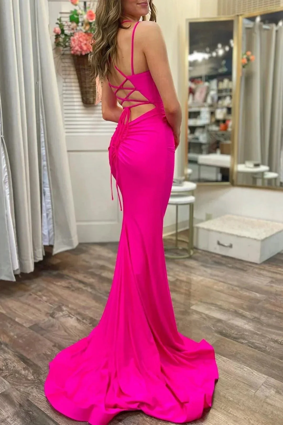 Hot Pink Scoop Neck Lace-Up Trumpet Long Formal Dress - Image 2