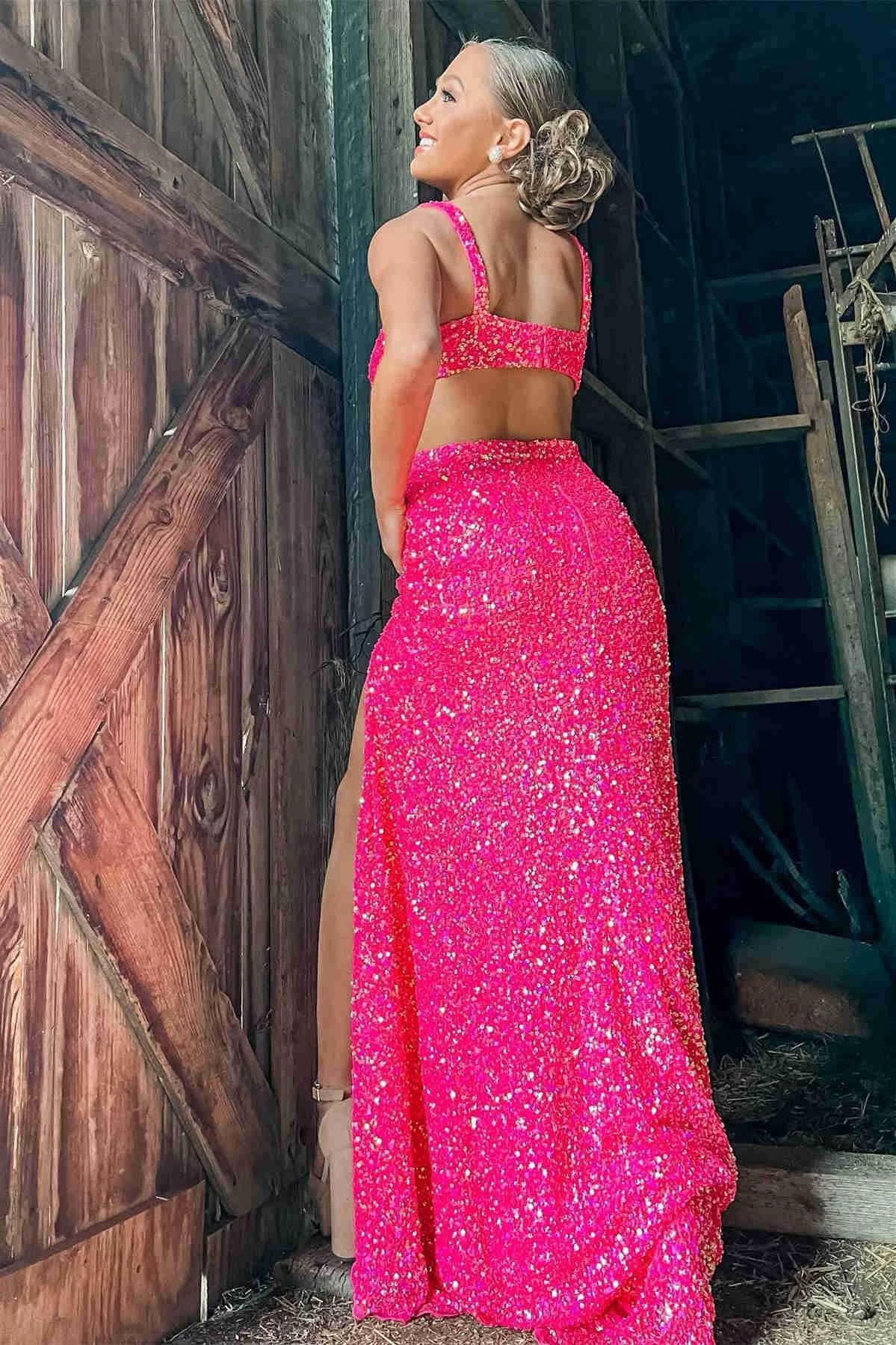 Hot Pink Sequined Prom Dress With Slit SYP110 - Image 2