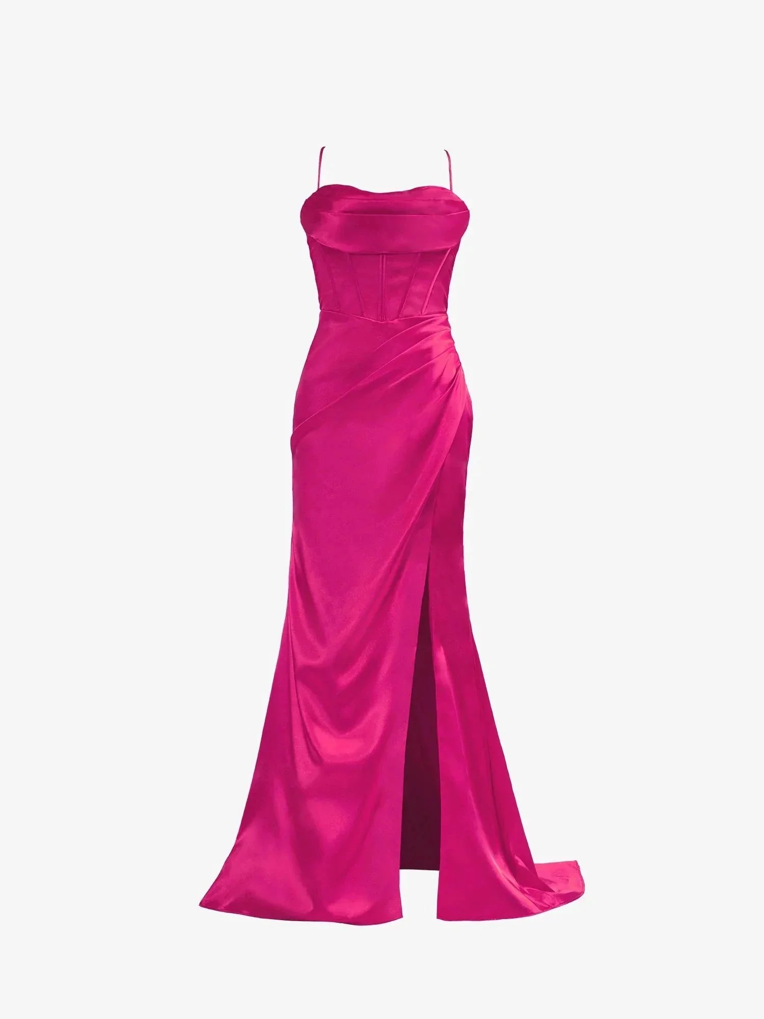 Hot Pink Spaghetti Straps Satin Mermaid Prom Dress with Slit - Image 3