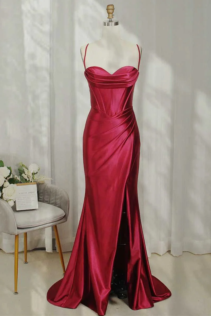 Hot Pink Spaghetti Straps Satin Mermaid Prom Dress with Slit - Image 9