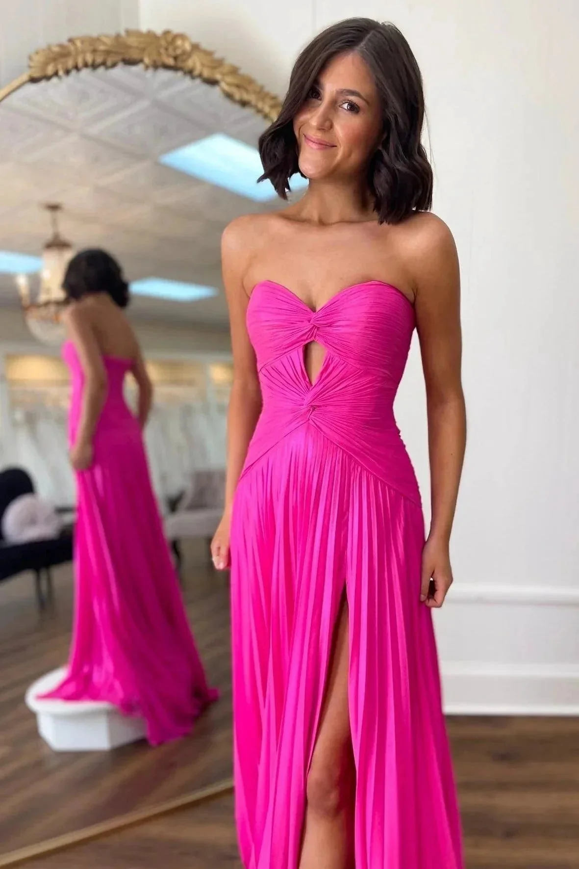 Hot Pink Strapless Keyhole Pleated A-Line Prom Dress - Image 2