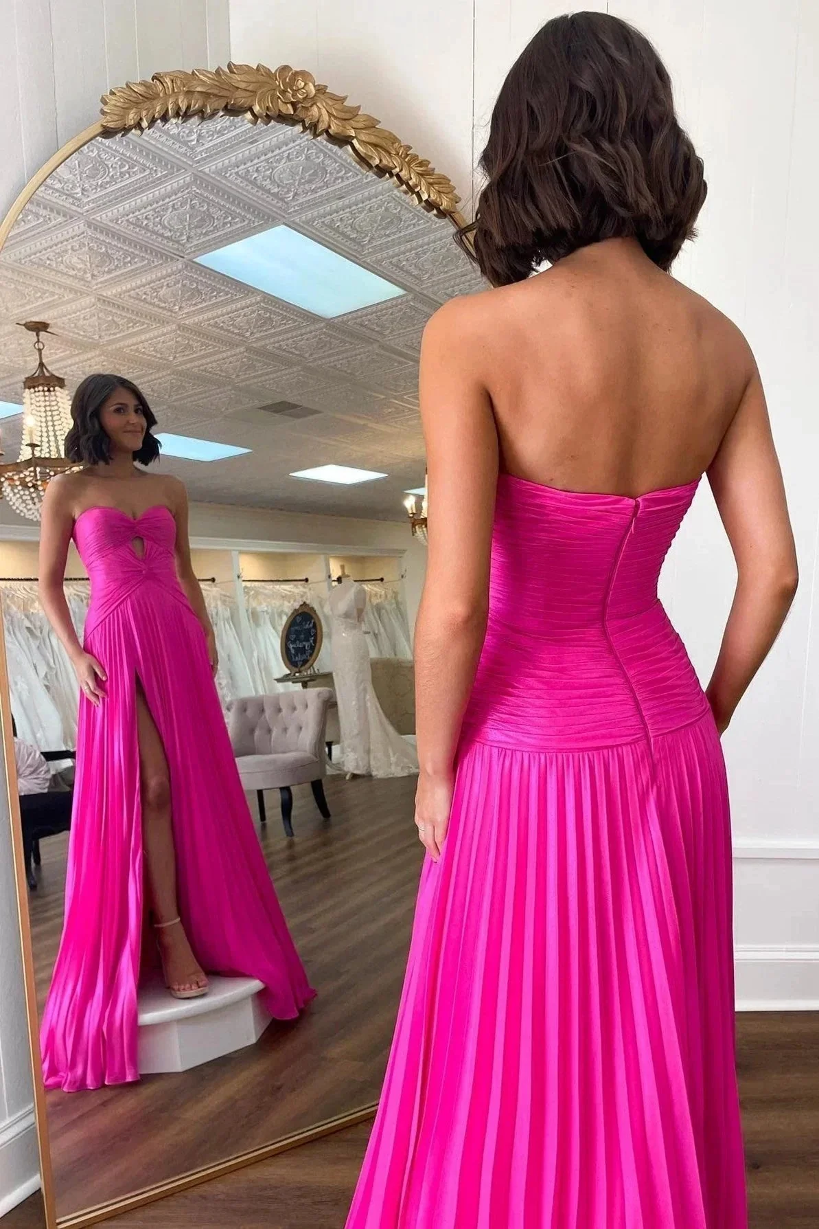 Hot Pink Strapless Keyhole Pleated A-Line Prom Dress - Image 3