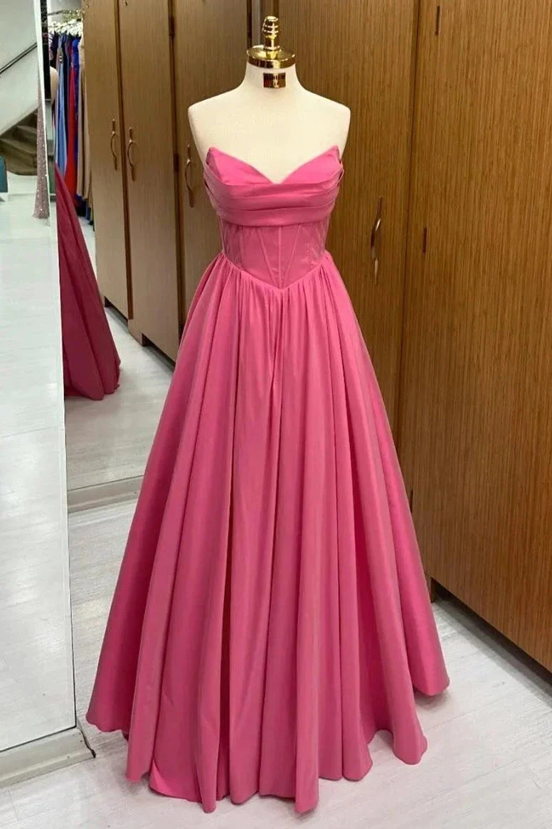 Hot Pink Strapless Lace-Up A-Line Long Formal Dress - Image 2